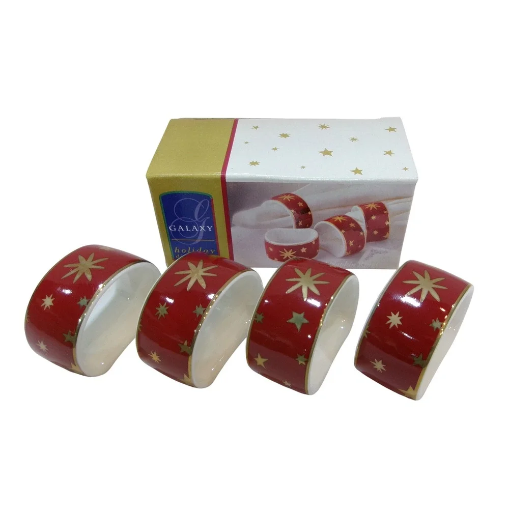 Galaxy Holiday Red Gold Starburst Ceramic Napkin Rings Set of 4 Christmas Decor